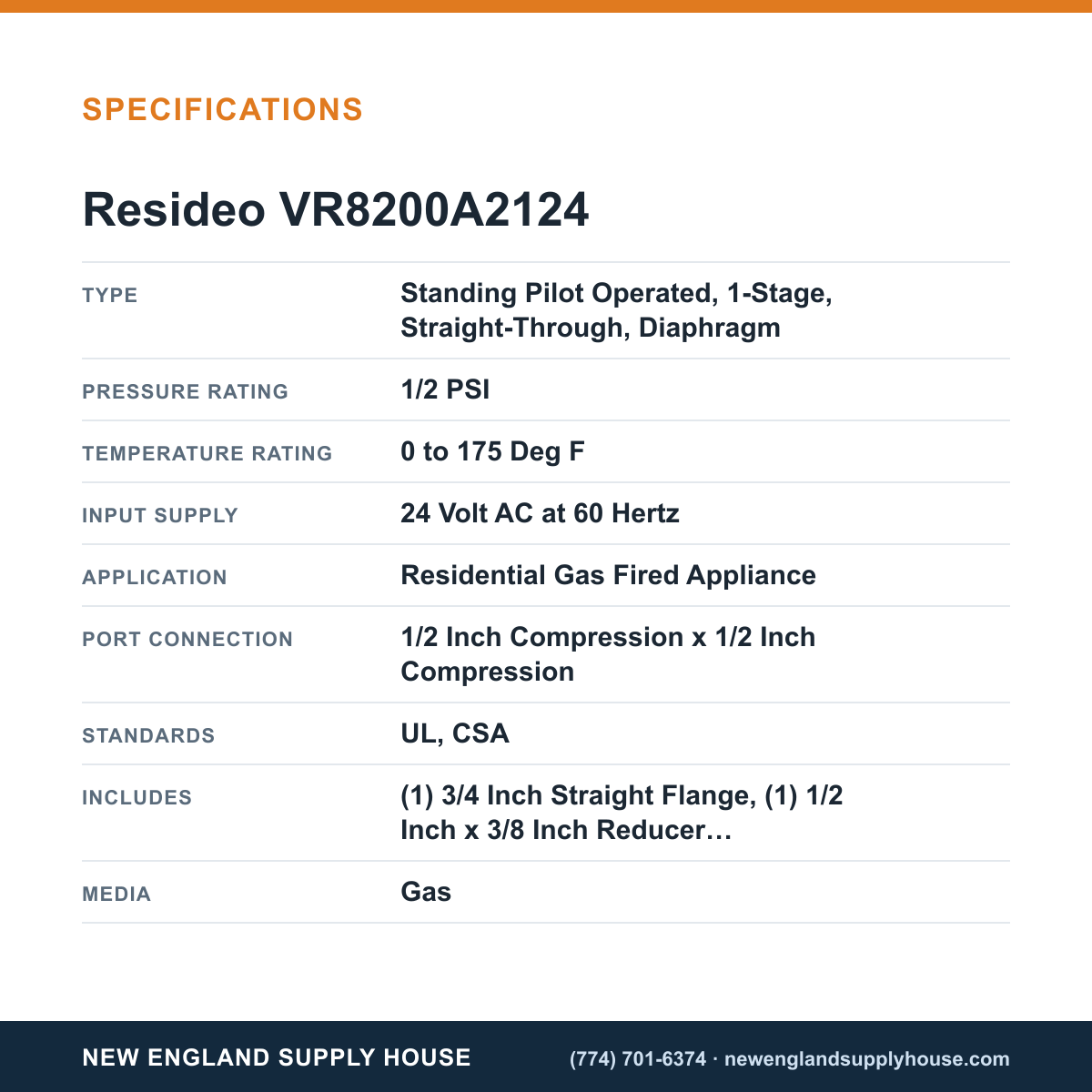 Resideo - Honeywell Home VR8200A2124 Solenoid Gas Valve specifications — New England Supply House [NESH-SPECTABLE-V1]