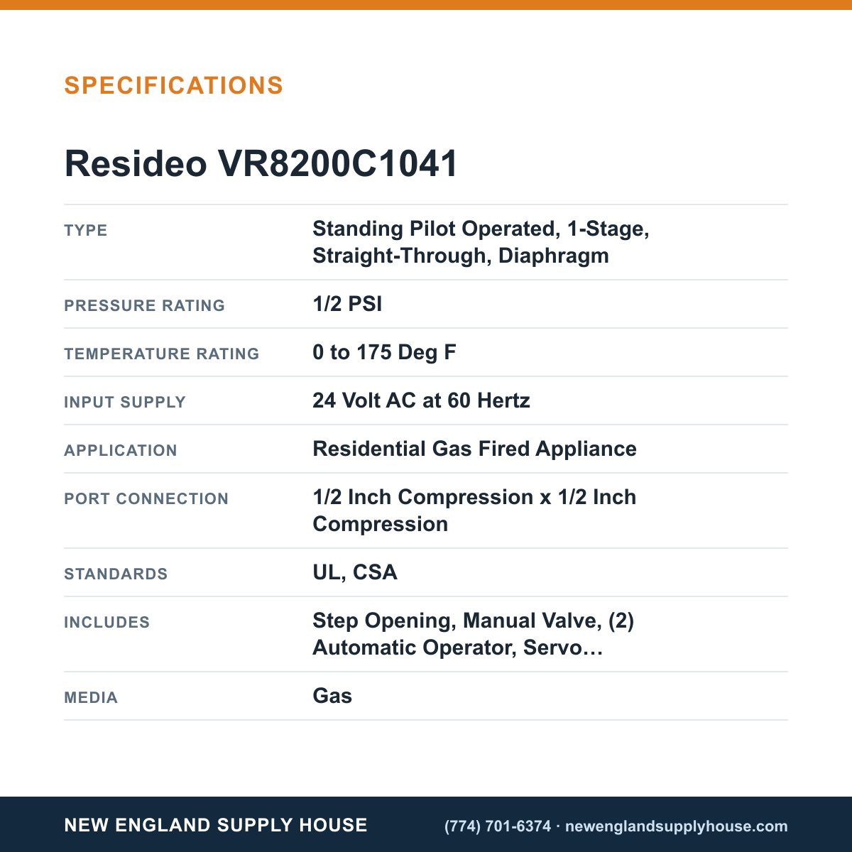 Resideo - Honeywell Home VR8200C1041 Solenoid Gas Valve specifications — New England Supply House [NESH-SPECTABLE-V1]