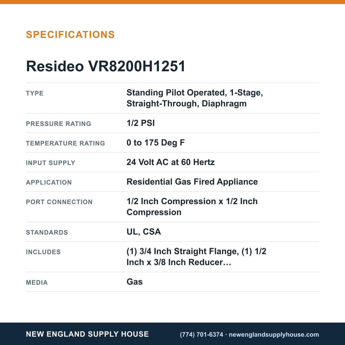 Resideo - Honeywell Home VR8200H1251 Solenoid Gas Valve specifications — New England Supply House [NESH-SPECTABLE-V1]