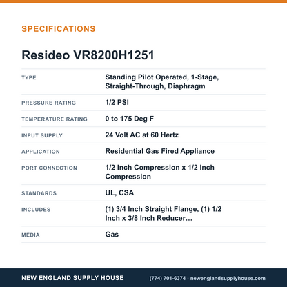 Resideo - Honeywell Home VR8200H1251 Solenoid Gas Valve specifications — New England Supply House [NESH-SPECTABLE-V1]