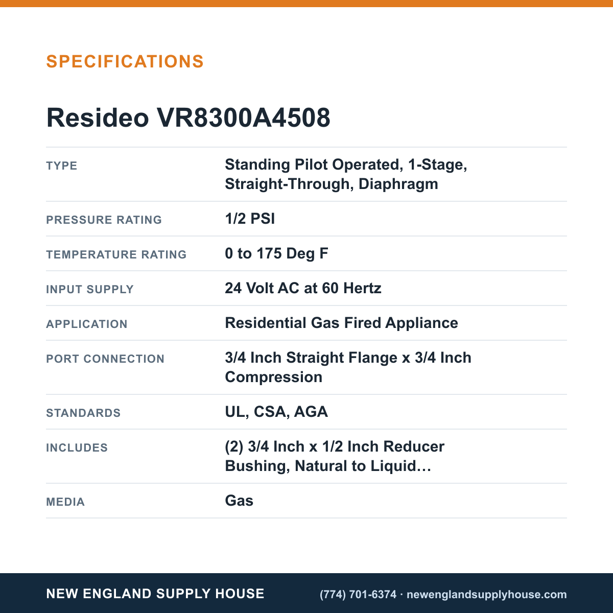Resideo - Honeywell Home VR8300A4508 Solenoid Gas Valve specifications — New England Supply House [NESH-SPECTABLE-V1]