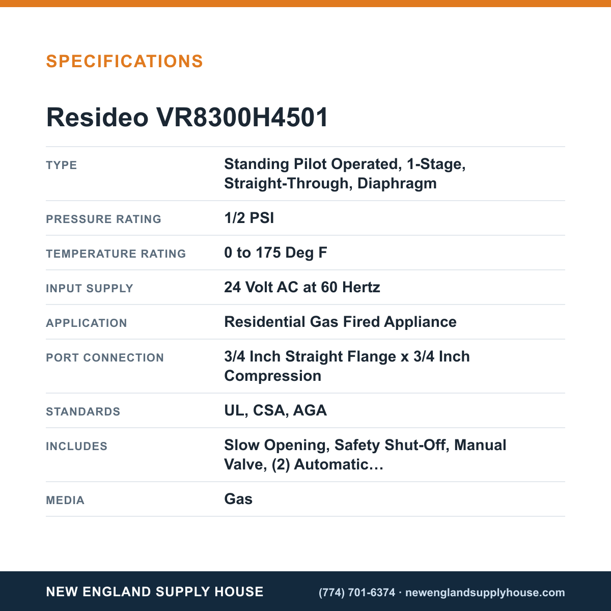 Resideo - Honeywell Home VR8300H4501 Solenoid Gas Valve specifications — New England Supply House [NESH-SPECTABLE-V1]