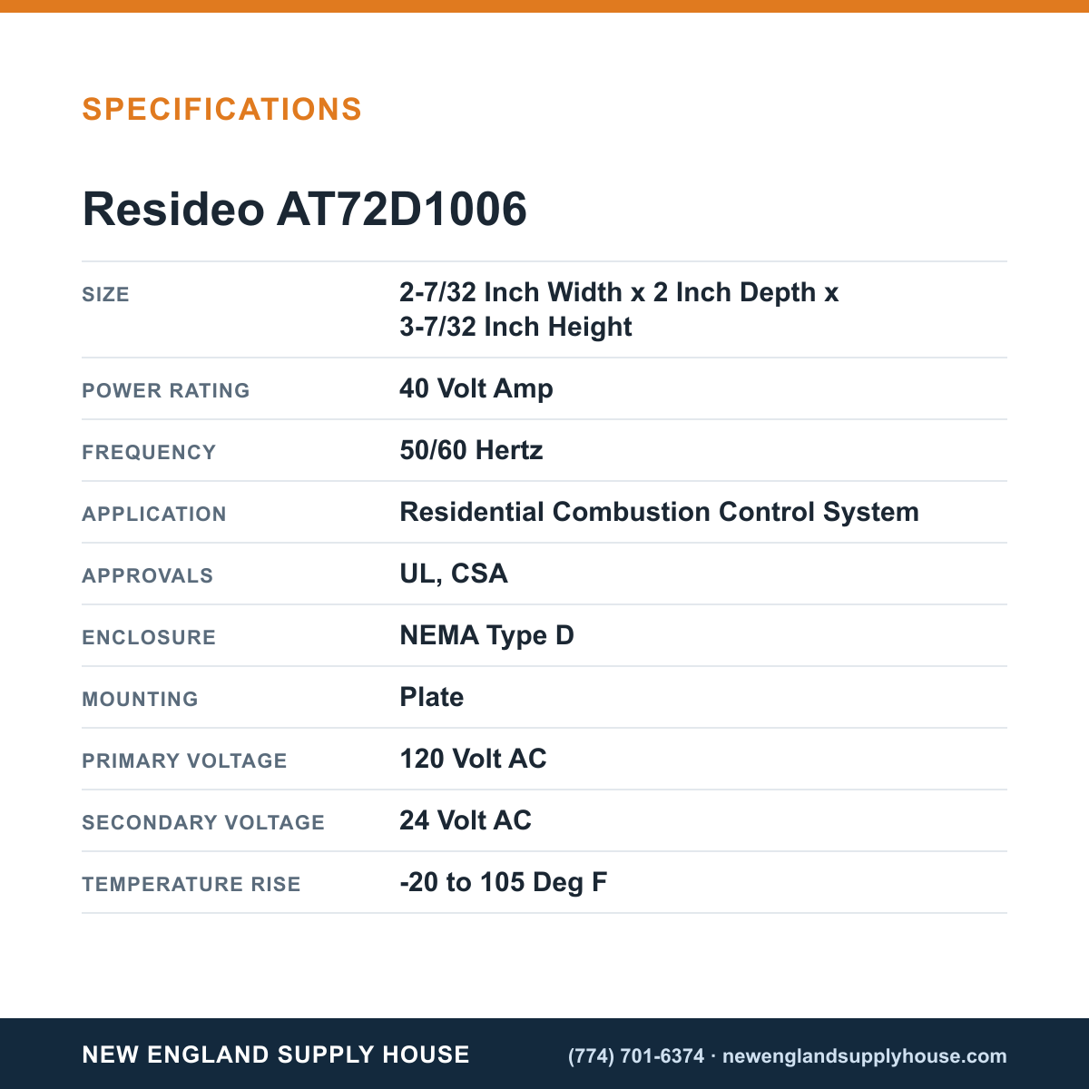 Resideo - Honeywell Home AT72D1006 Standard Transformer specifications — New England Supply House [NESH-SPECTABLE-V1]