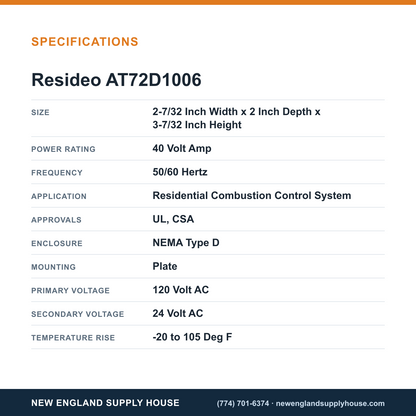 Resideo - Honeywell Home AT72D1006 Standard Transformer specifications — New England Supply House [NESH-SPECTABLE-V1]