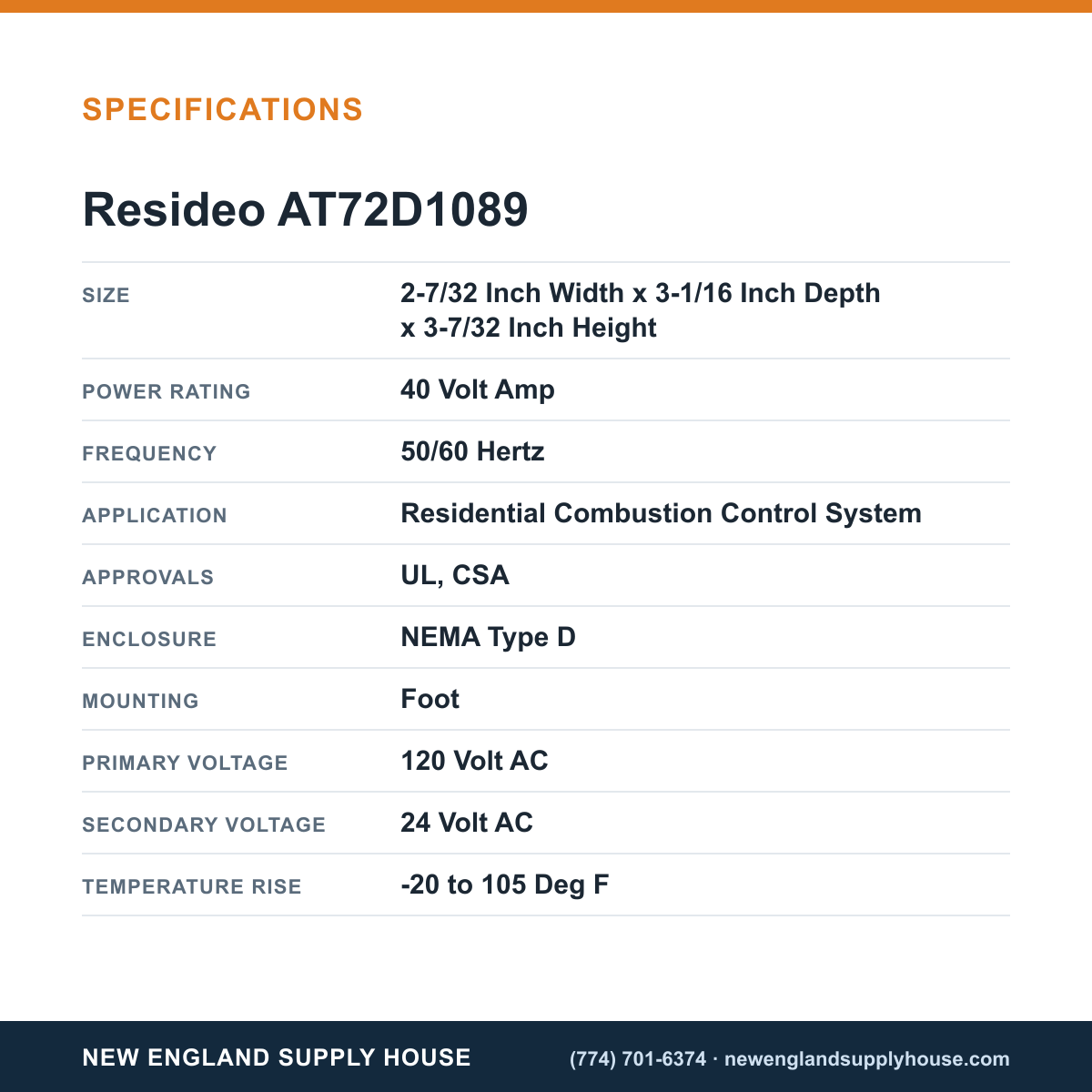 Resideo - Honeywell Home AT72D1089 Standard Transformer specifications — New England Supply House [NESH-SPECTABLE-V1]
