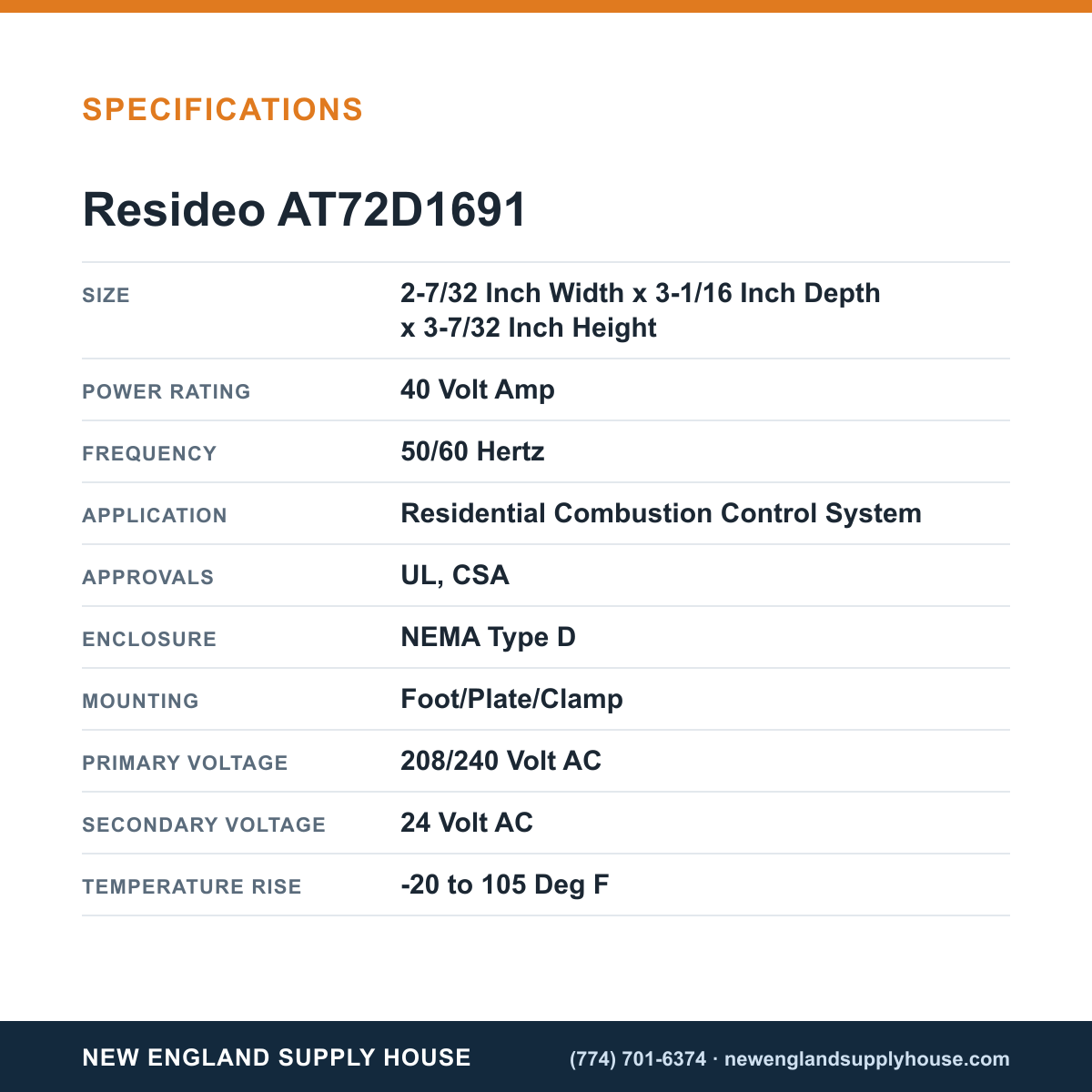 Resideo - Honeywell Home AT72D1691 Standard Transformer specifications — New England Supply House [NESH-SPECTABLE-V1]