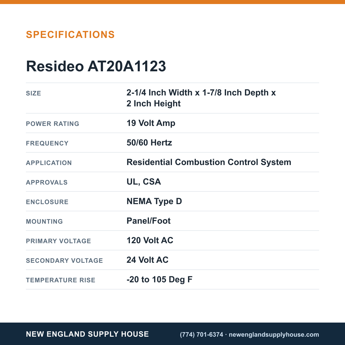 Resideo - Honeywell Home AT20A1123 Standard Universal Stripped-Down Transformer specifications — New England Supply House [NESH-SPECTABLE-V1]