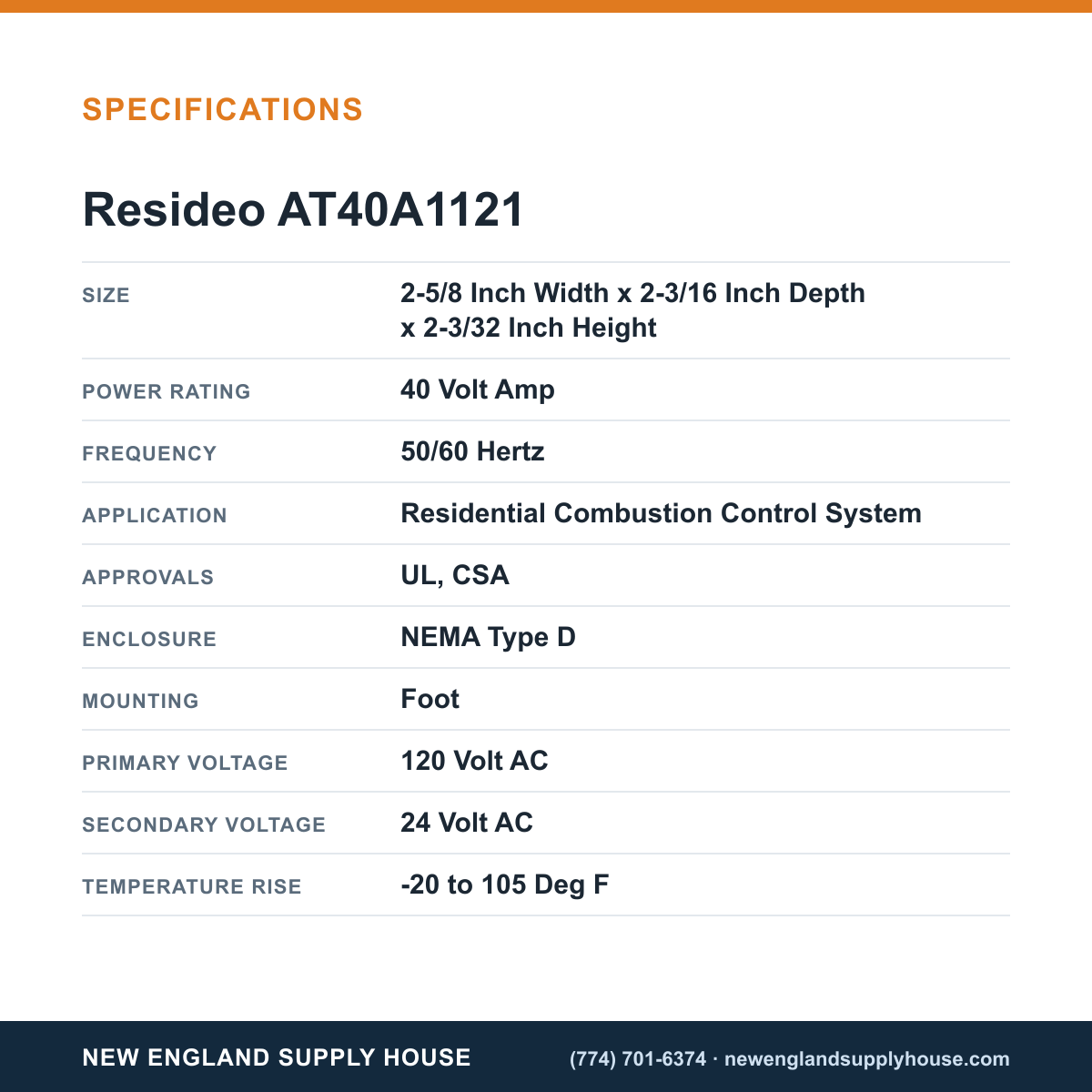 Resideo - Honeywell Home AT40A1121 Standard Universal Stripped-Down Transformer specifications — New England Supply House [NESH-SPECTABLE-V1]