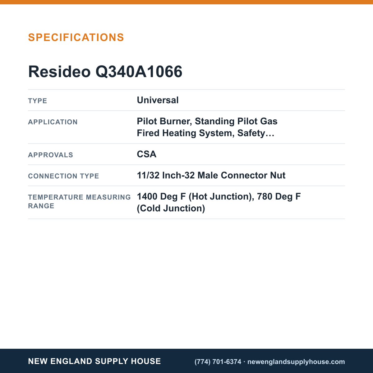 Resideo - Honeywell Home Q340A1066 Thermocouple specifications — New England Supply House [NESH-SPECTABLE-V1]