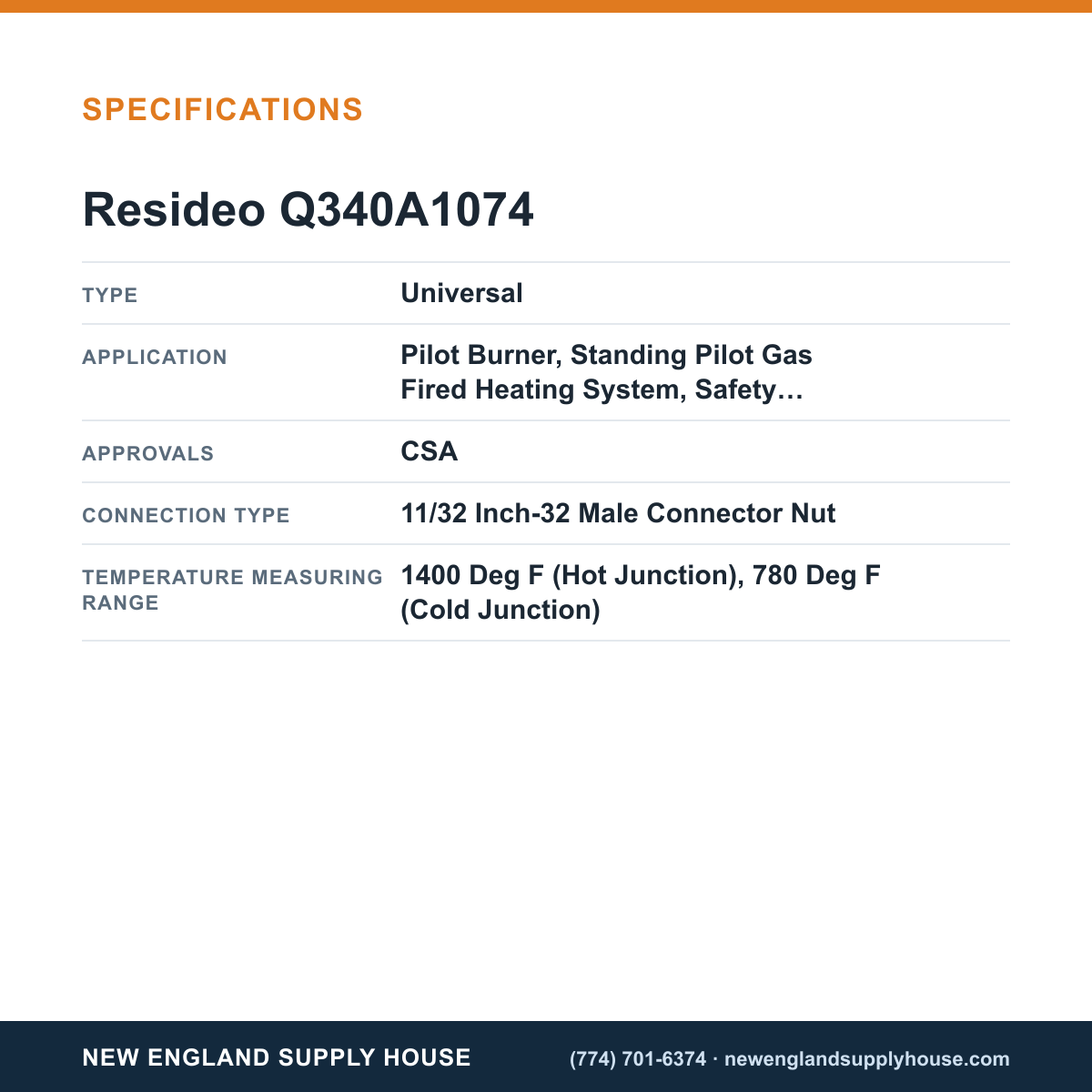 Resideo - Honeywell Home Q340A1074 Thermocouple specifications — New England Supply House [NESH-SPECTABLE-V1]