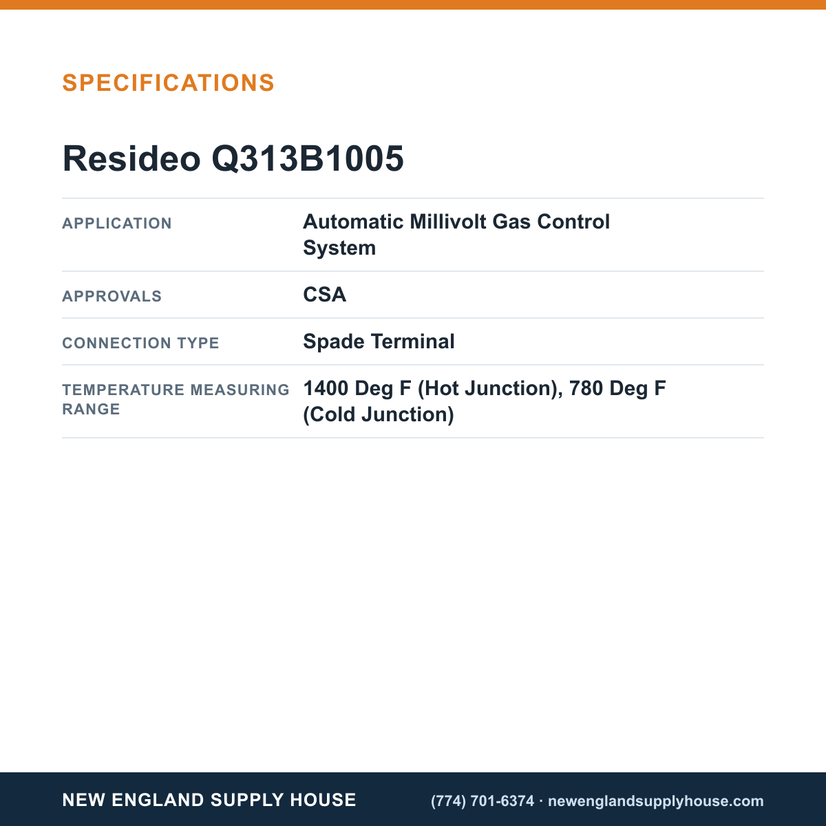Resideo - Honeywell Home Q313B1005 Thermopile Generator specifications — New England Supply House [NESH-SPECTABLE-V1]