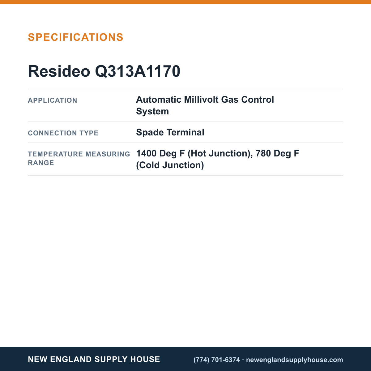 Resideo - Honeywell Home Q313A1170 Thermopile Generator specifications — New England Supply House [NESH-SPECTABLE-V1]