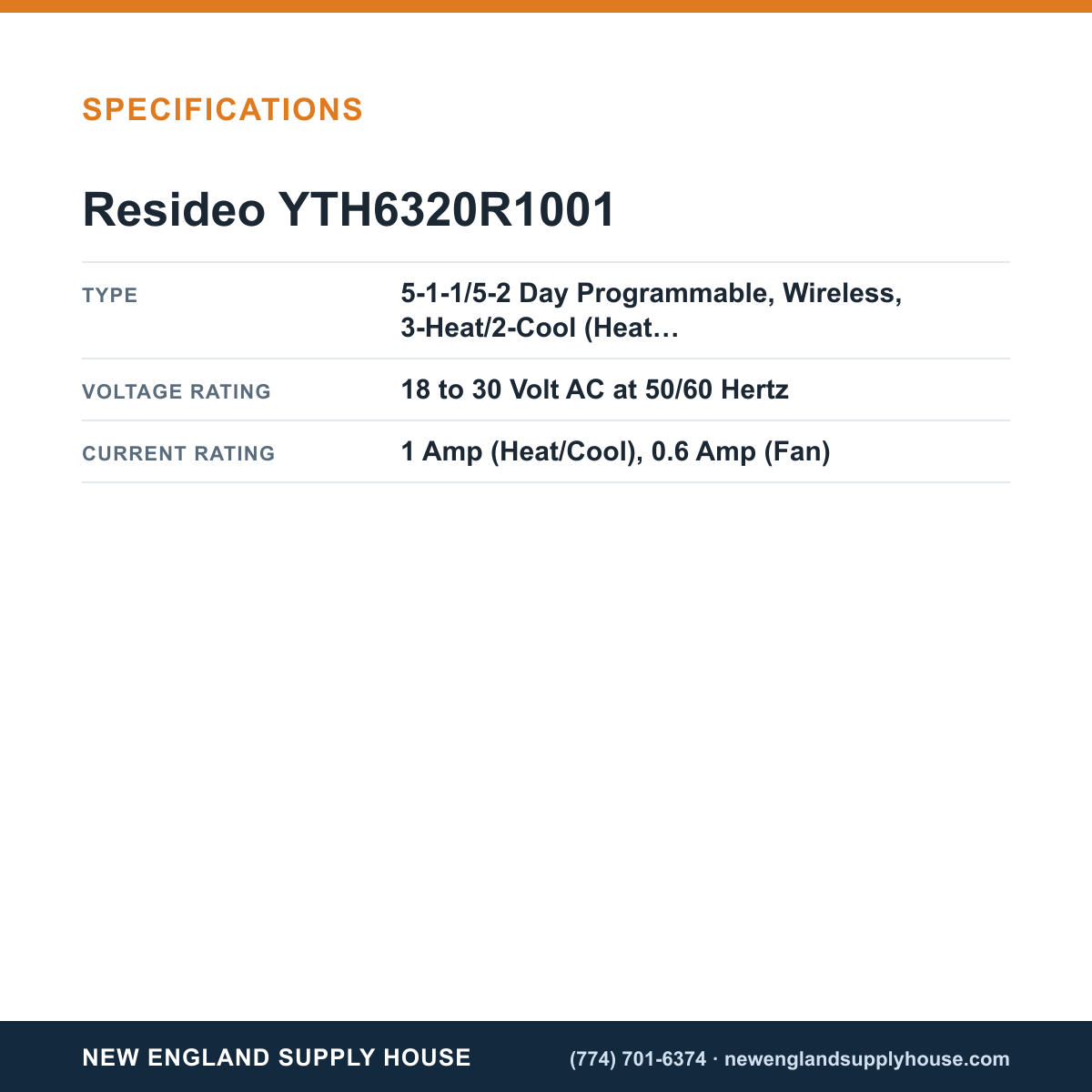 Resideo - Honeywell Home YTH6320R1001 Thermostat Kit specifications — New England Supply House [NESH-SPECTABLE-V1]