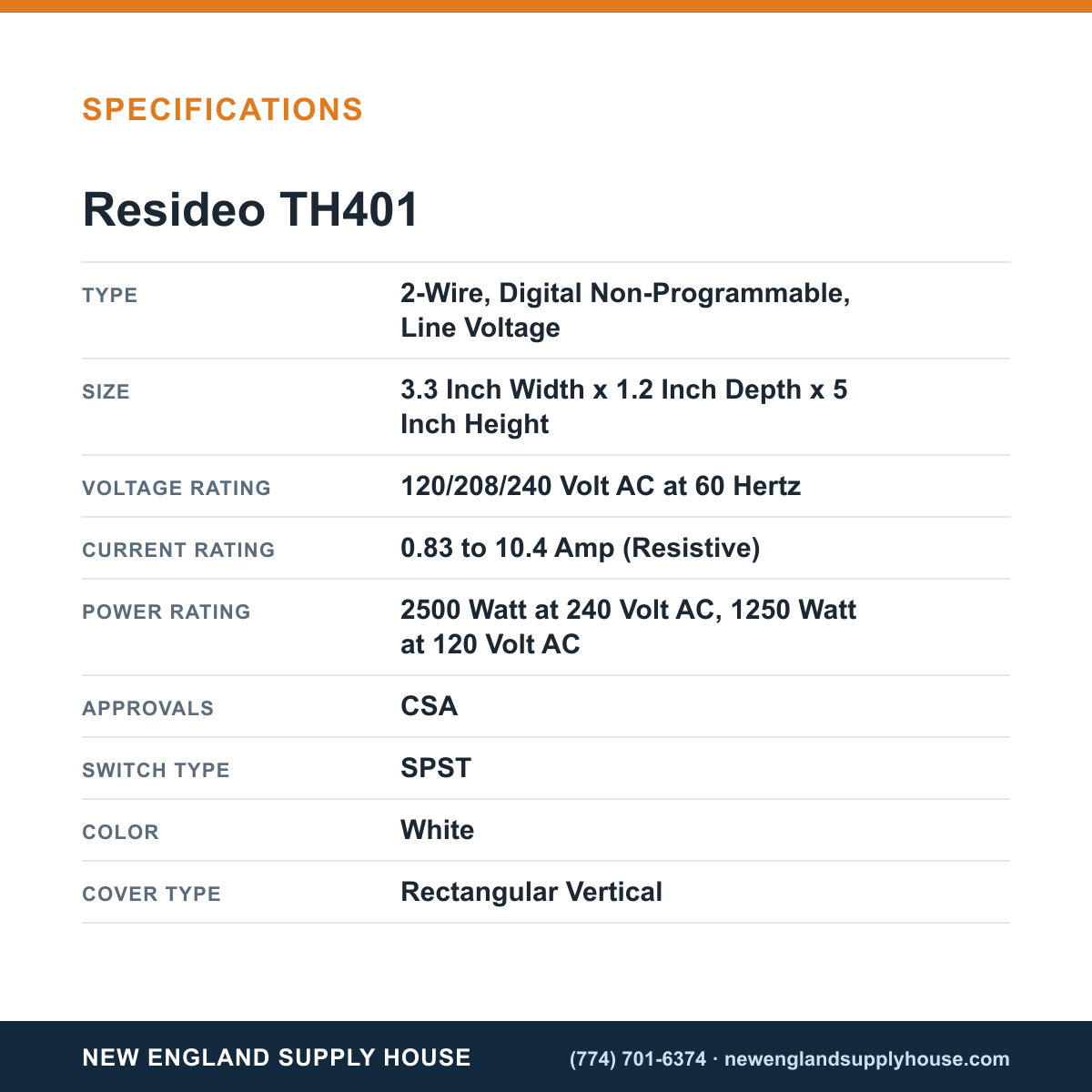 Resideo - Honeywell Home TH401 Thermostat specifications — New England Supply House [NESH-SPECTABLE-V1]