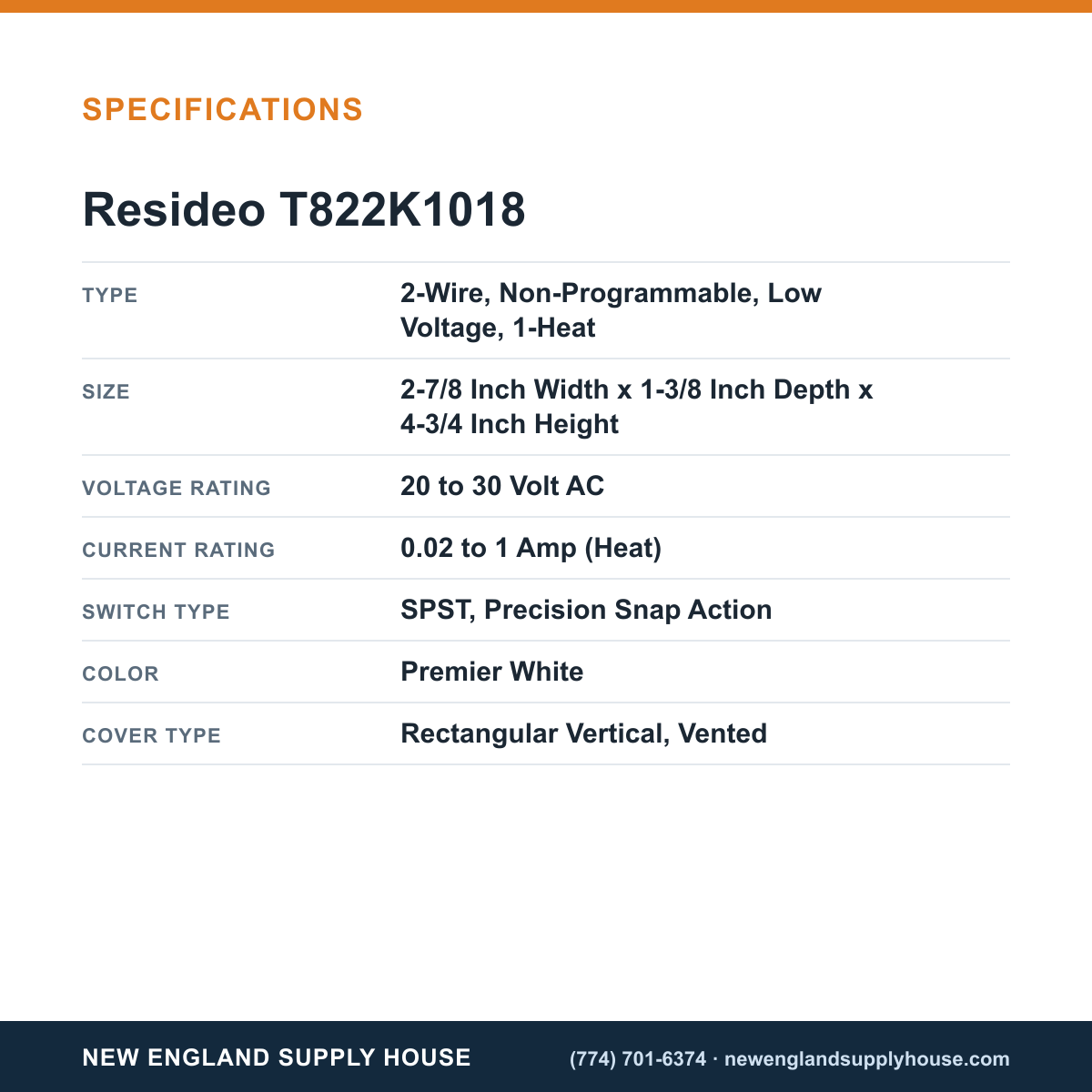 Resideo - Honeywell Home T822K1018 Thermostat specifications — New England Supply House [NESH-SPECTABLE-V1]