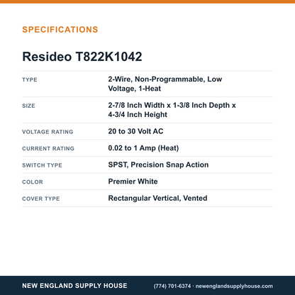 Resideo - Honeywell Home T822K1042 Thermostat specifications — New England Supply House [NESH-SPECTABLE-V1]