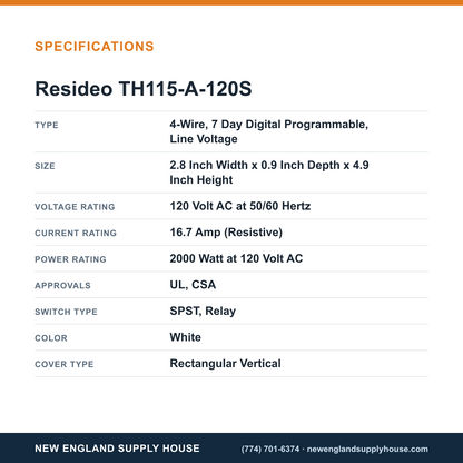 Resideo - Honeywell Home TH115-A-120S Thermostat specifications — New England Supply House [NESH-SPECTABLE-V1]