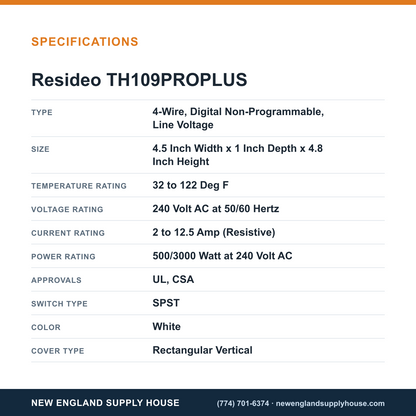 Resideo - Honeywell Home TH109PROPLUS Thermostat specifications — New England Supply House [NESH-SPECTABLE-V1]