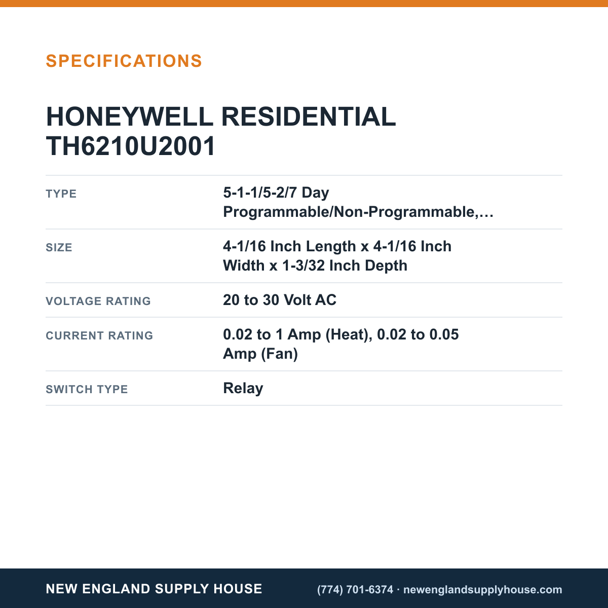 Resideo - Honeywell Home TH6210U2001 Thermostat specifications — New England Supply House [NESH-SPECTABLE-V1]