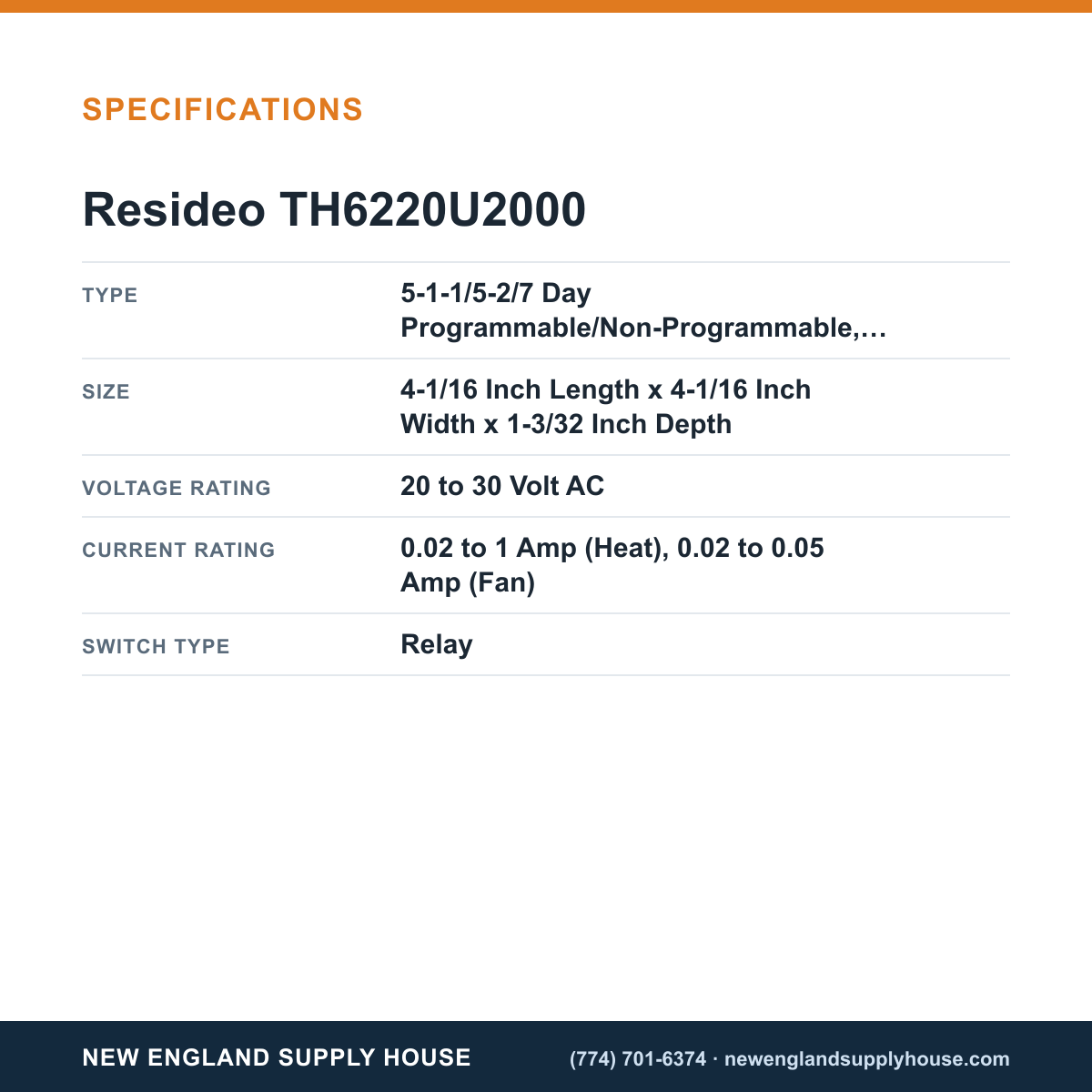 Resideo - Honeywell Home TH6220U2000 Thermostat specifications — New England Supply House [NESH-SPECTABLE-V1]