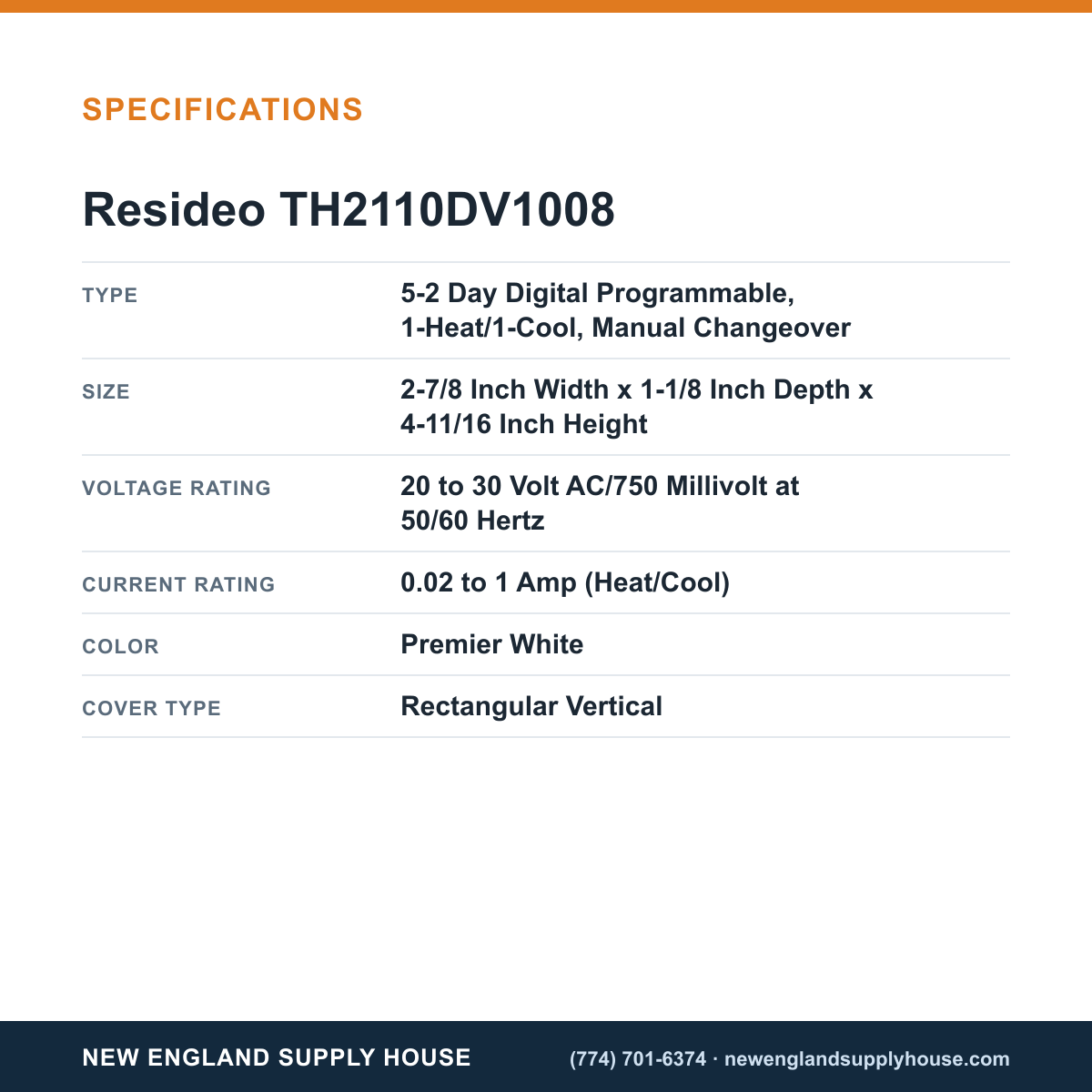 Resideo - Honeywell Home TH2110DV1008 Thermostat specifications — New England Supply House [NESH-SPECTABLE-V1]
