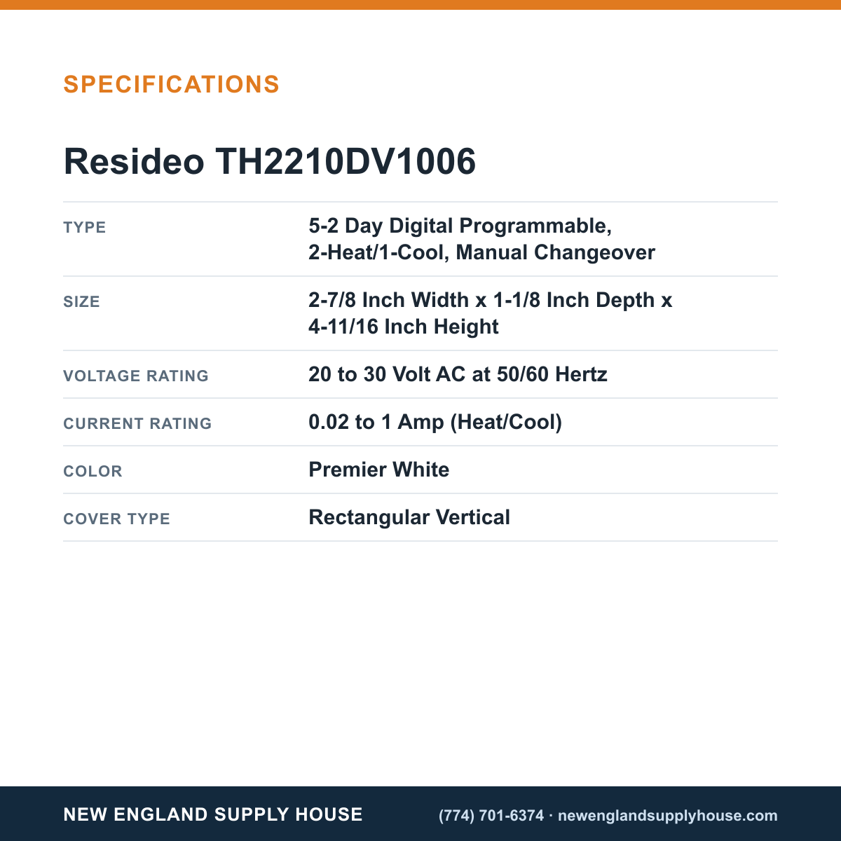 Resideo - Honeywell Home TH2210DV1006 Thermostat specifications — New England Supply House [NESH-SPECTABLE-V1]