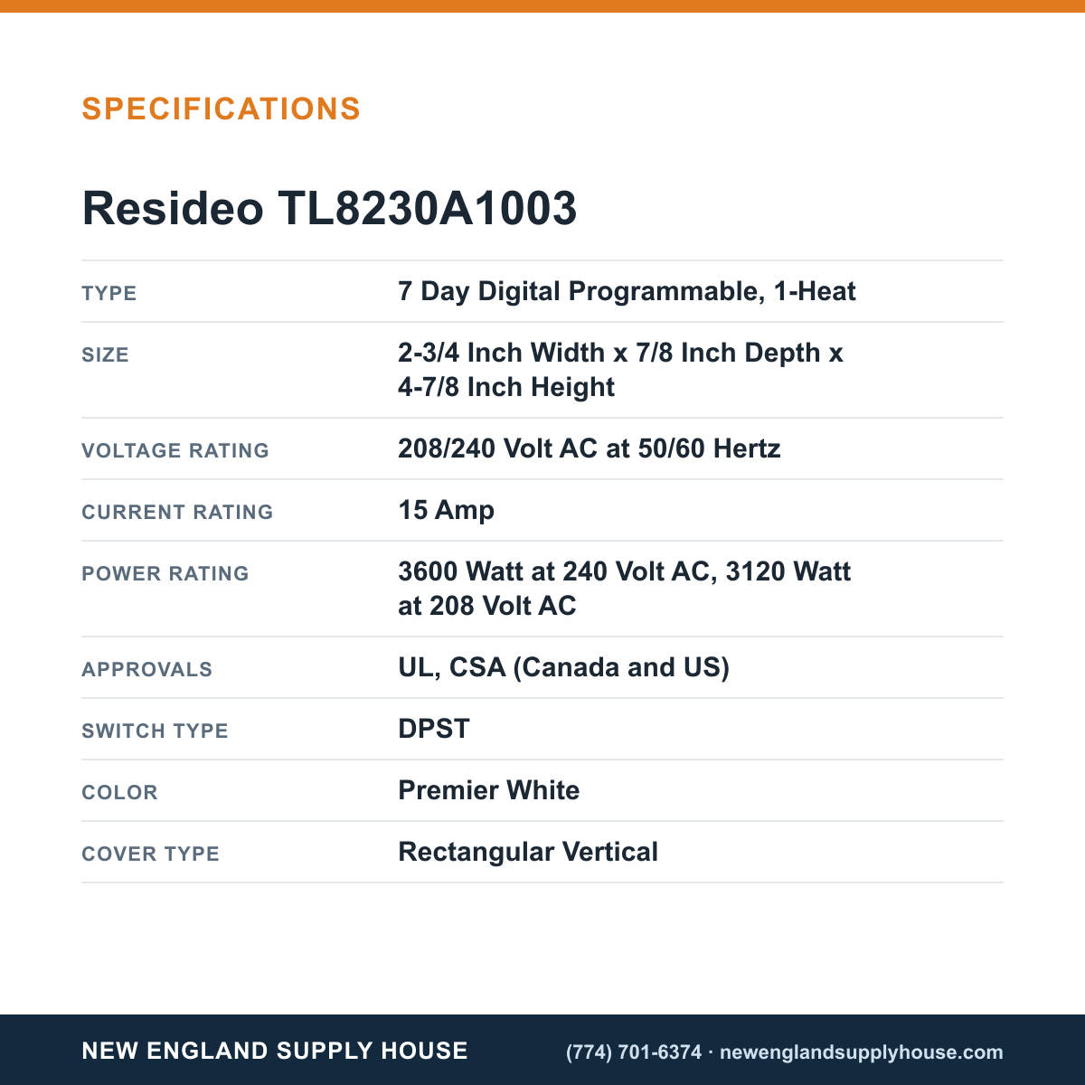Resideo - Honeywell Home TL8230A1003 Thermostat specifications — New England Supply House [NESH-SPECTABLE-V1]