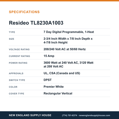Resideo - Honeywell Home TL8230A1003 Thermostat specifications — New England Supply House [NESH-SPECTABLE-V1]