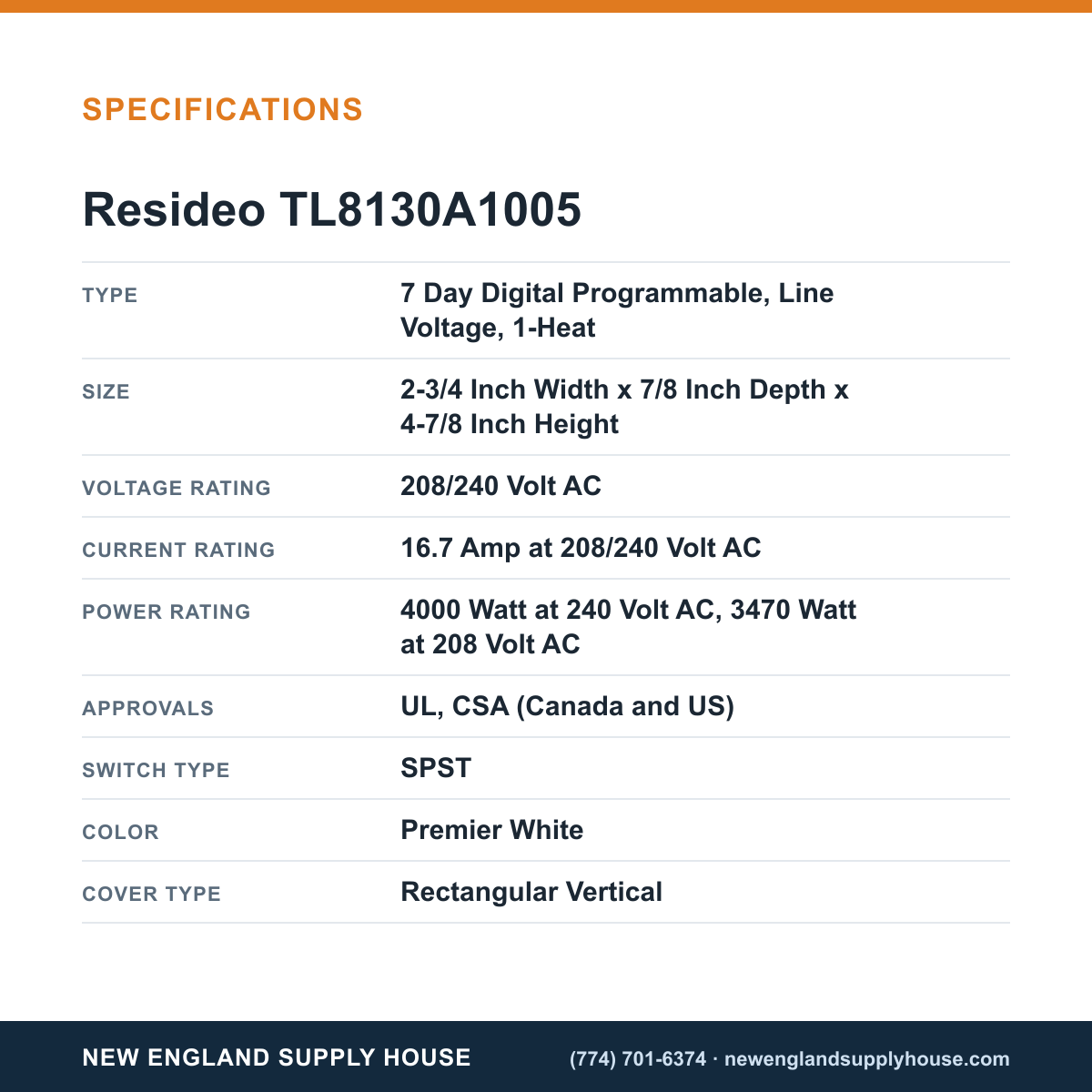 Resideo - Honeywell Home TL8130A1005 Thermostat specifications — New England Supply House [NESH-SPECTABLE-V1]