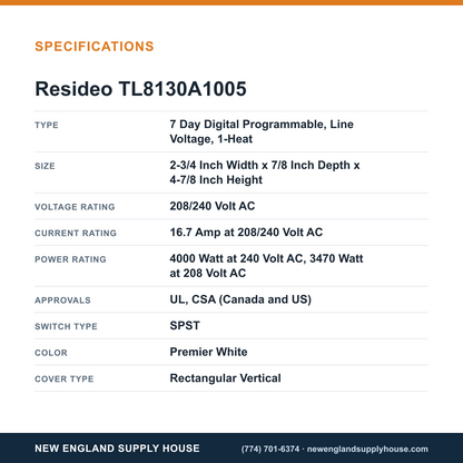 Resideo - Honeywell Home TL8130A1005 Thermostat specifications — New England Supply House [NESH-SPECTABLE-V1]