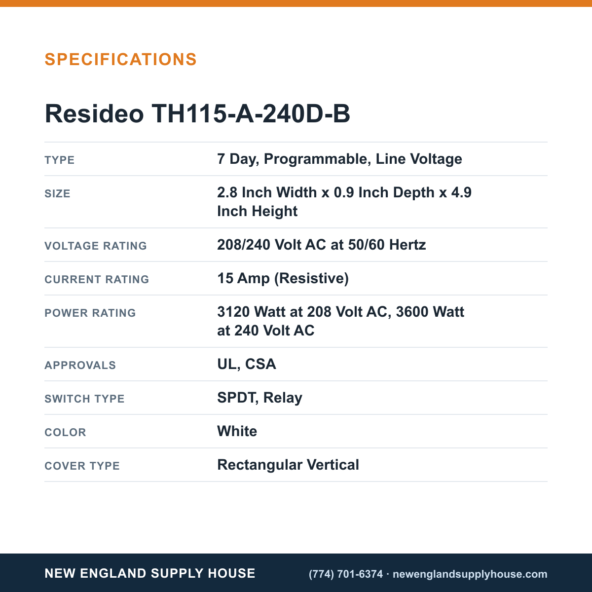 Resideo - Honeywell Home TH115-A-240D-B Thermostat specifications — New England Supply House [NESH-SPECTABLE-V1]