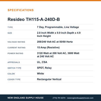 Resideo - Honeywell Home TH115-A-240D-B Thermostat specifications — New England Supply House [NESH-SPECTABLE-V1]