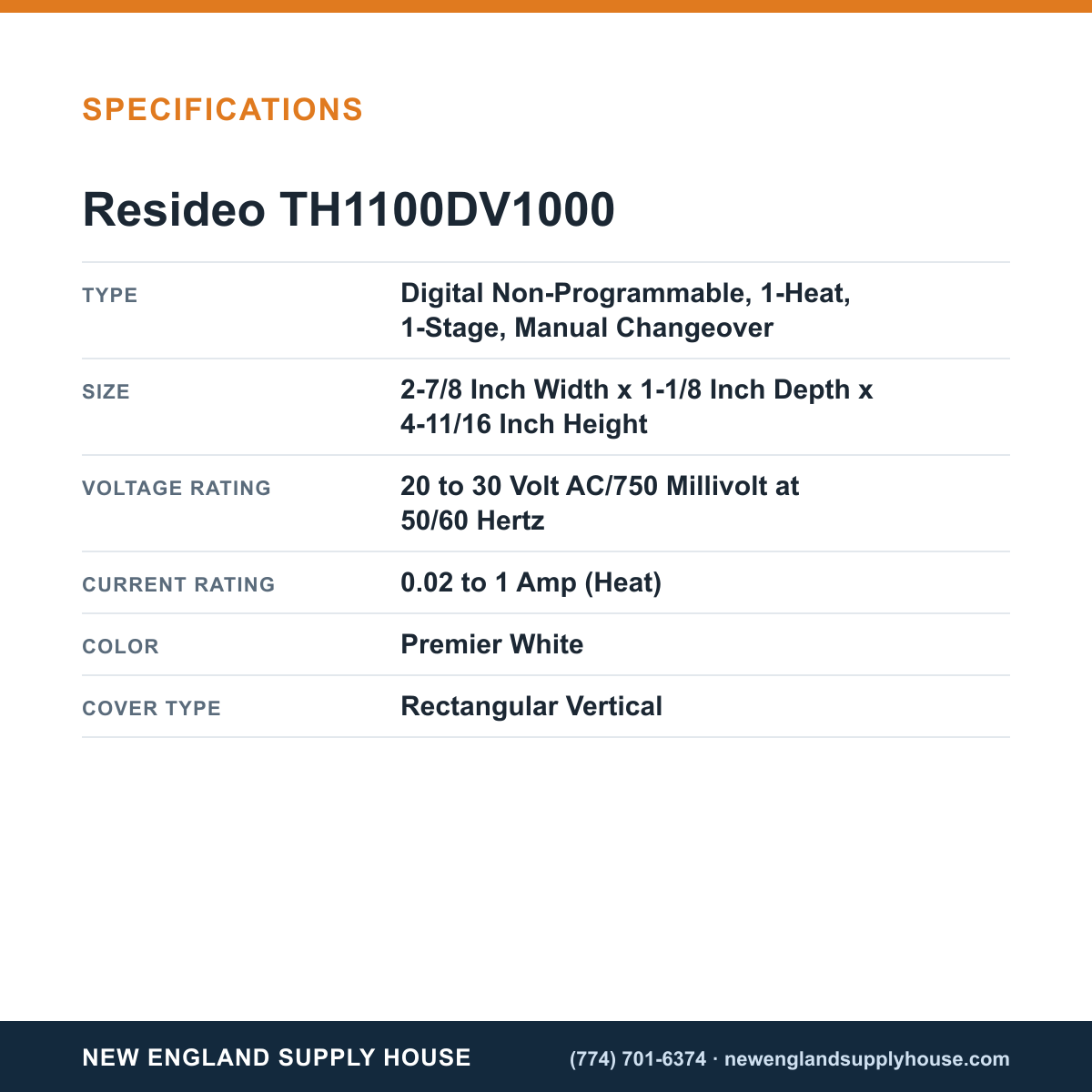 Resideo - Honeywell Home TH1100DV1000 Thermostat specifications — New England Supply House [NESH-SPECTABLE-V1]
