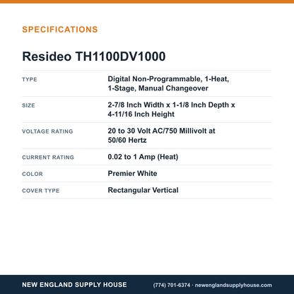 Resideo - Honeywell Home TH1100DV1000 Thermostat specifications — New England Supply House [NESH-SPECTABLE-V1]