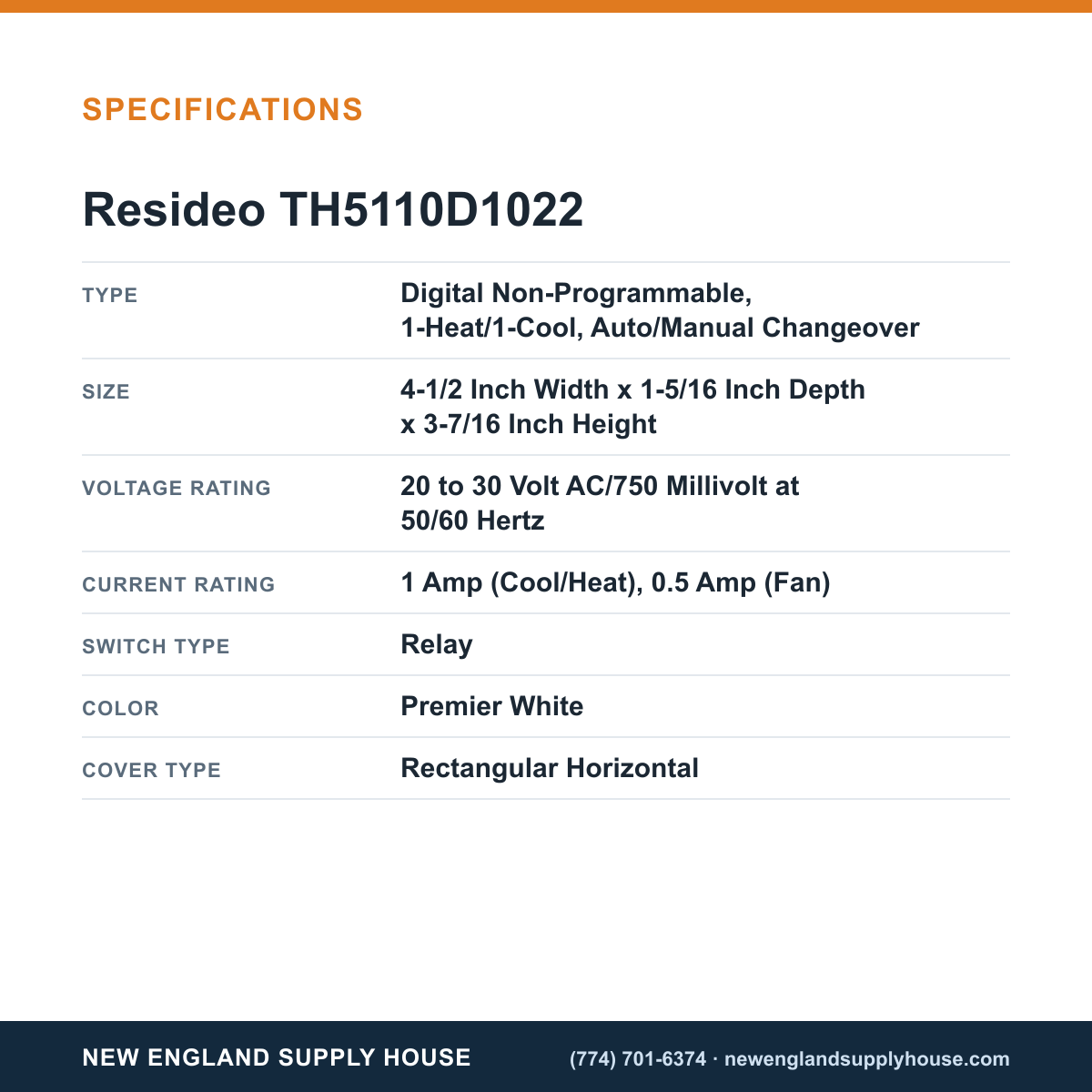 Resideo - Honeywell Home TH5110D1022 Thermostat specifications — New England Supply House [NESH-SPECTABLE-V1]