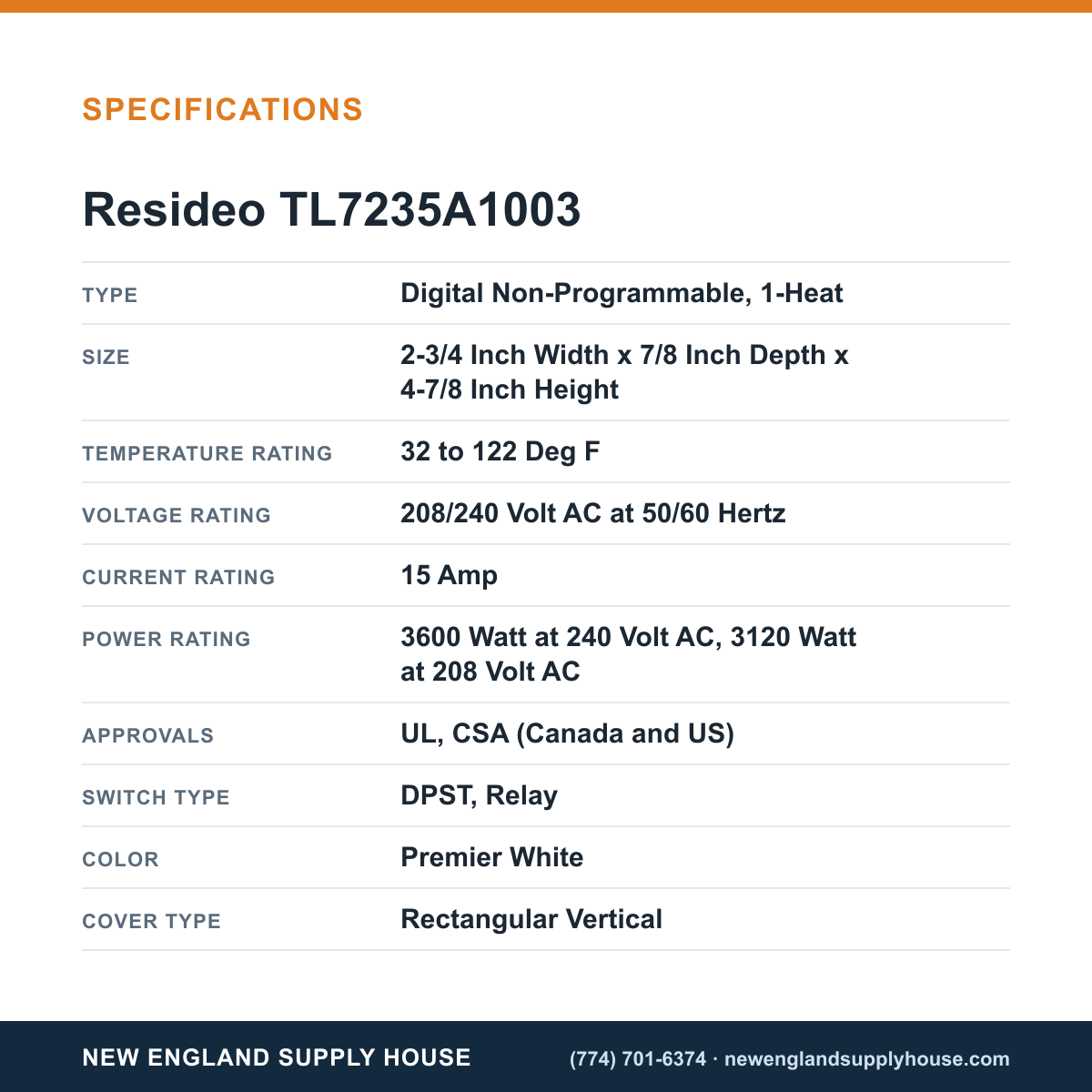 Resideo - Honeywell Home TL7235A1003 Thermostat specifications — New England Supply House [NESH-SPECTABLE-V1]