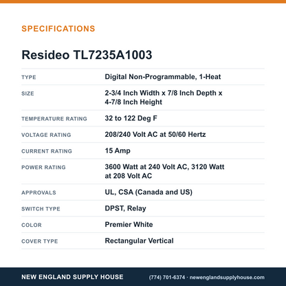 Resideo - Honeywell Home TL7235A1003 Thermostat specifications — New England Supply House [NESH-SPECTABLE-V1]