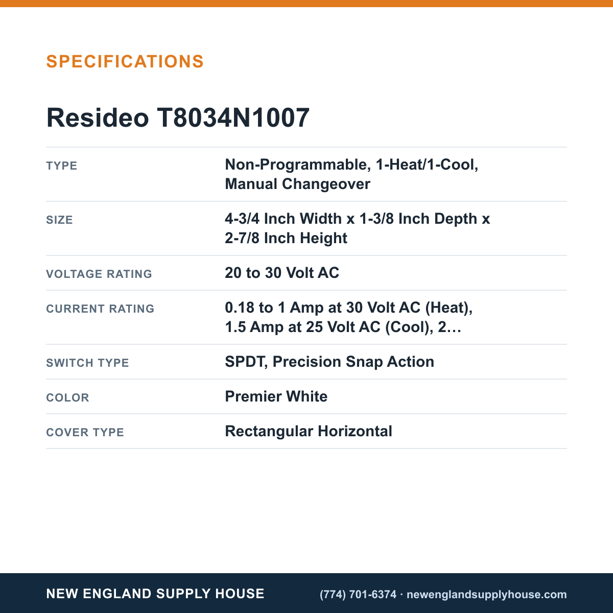 Resideo - Honeywell Home T8034N1007 Thermostat specifications — New England Supply House [NESH-SPECTABLE-V1]