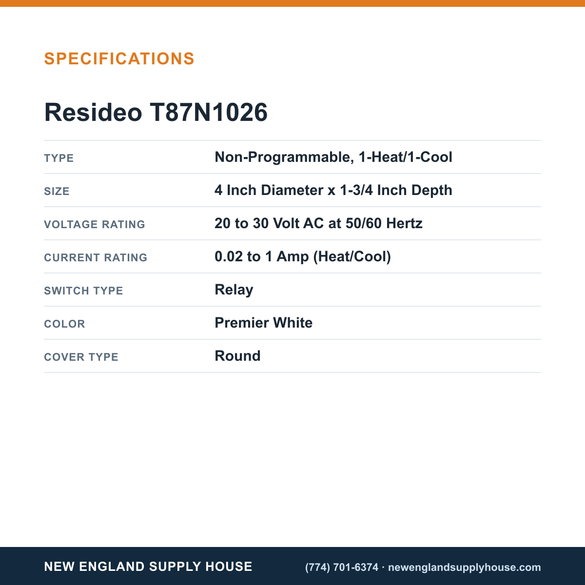 Resideo - Honeywell Home T87N1026 Thermostat specifications — New England Supply House [NESH-SPECTABLE-V1]