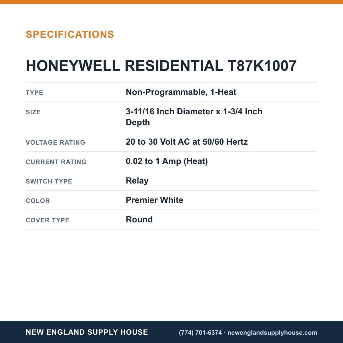 Resideo - Honeywell Home T87K1007 Thermostat specifications — New England Supply House [NESH-SPECTABLE-V1]