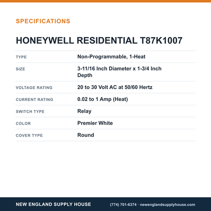 Resideo - Honeywell Home T87K1007 Thermostat specifications — New England Supply House [NESH-SPECTABLE-V1]