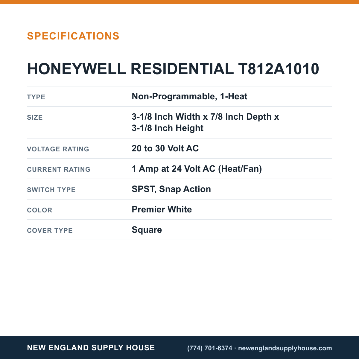 Resideo - Honeywell Home T812A1010 Thermostat specifications — New England Supply House [NESH-SPECTABLE-V1]