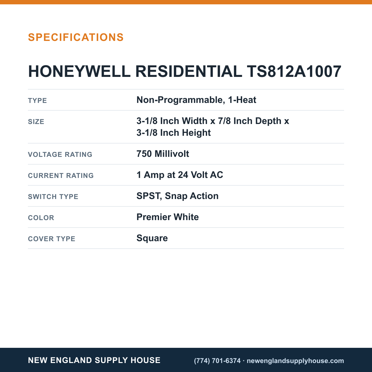 Resideo - Honeywell Home TS812A1007 Thermostat specifications — New England Supply House [NESH-SPECTABLE-V1]