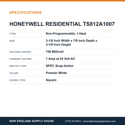 Resideo - Honeywell Home TS812A1007 Thermostat specifications — New England Supply House [NESH-SPECTABLE-V1]