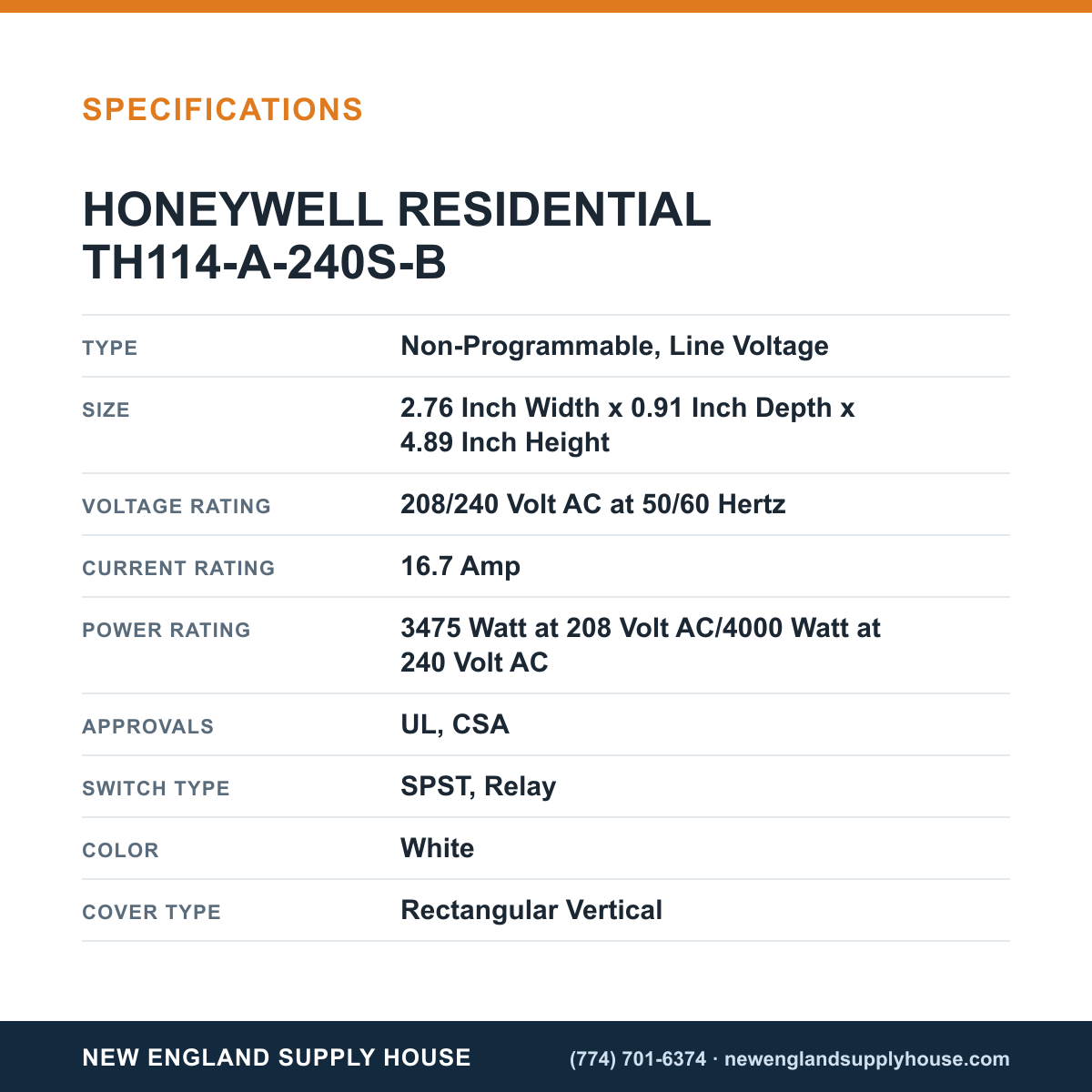 Resideo - Honeywell Home TH114-A-240S-B Thermostat specifications — New England Supply House [NESH-SPECTABLE-V1]