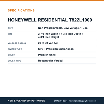 Resideo - Honeywell Home T822L1000 Thermostat specifications — New England Supply House [NESH-SPECTABLE-V1]