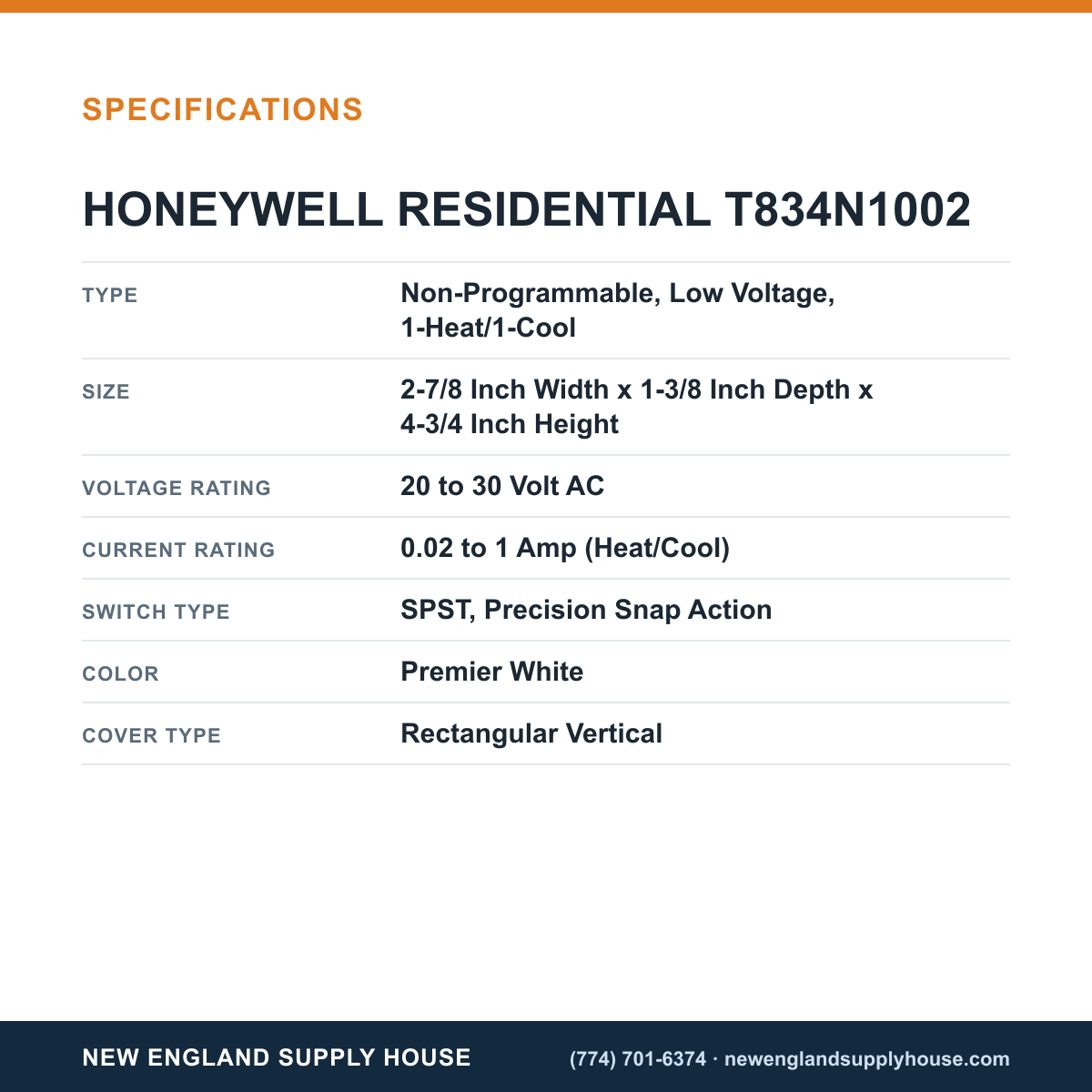 Resideo - Honeywell Home T834N1002 Thermostat specifications — New England Supply House [NESH-SPECTABLE-V1]