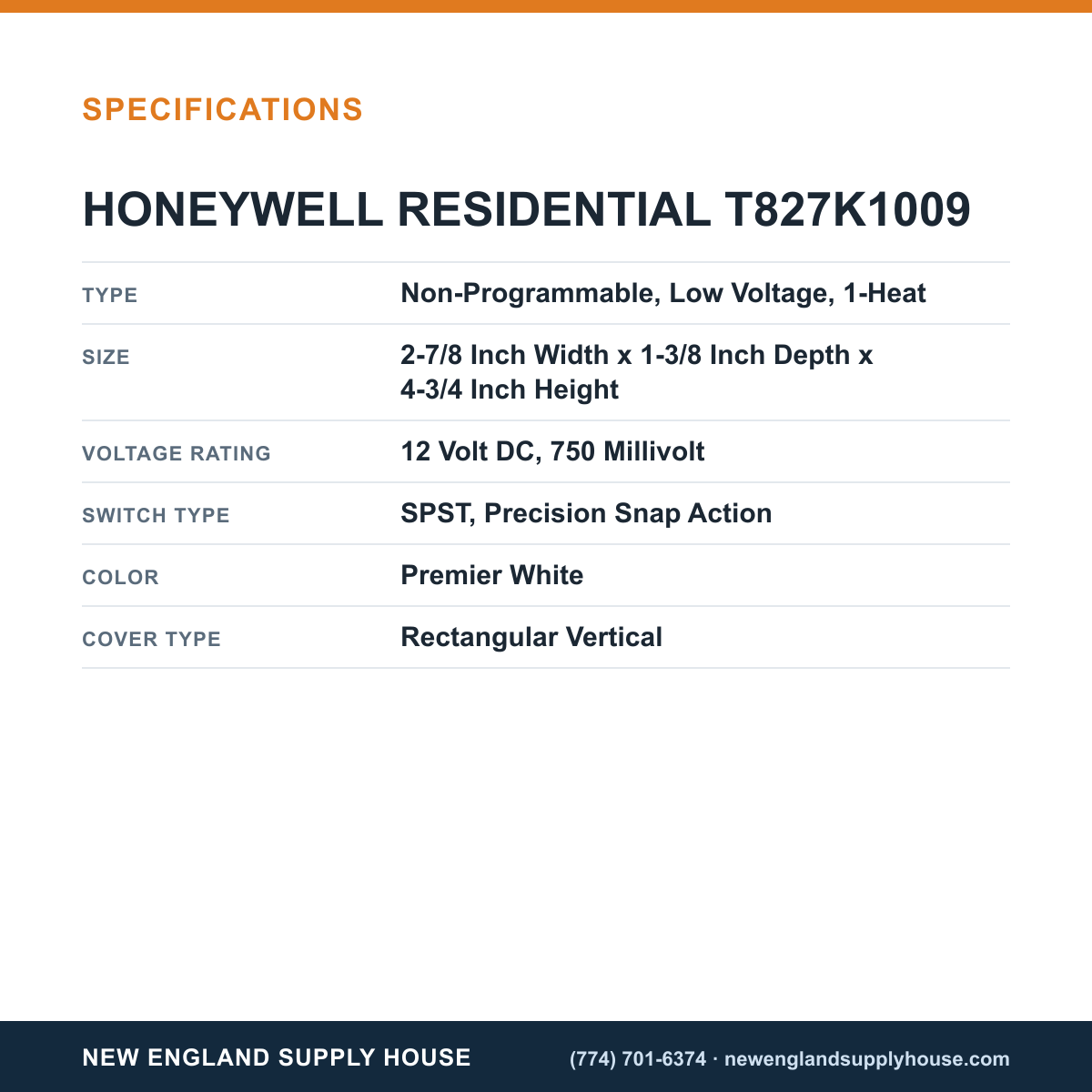Resideo - Honeywell Home T827K1009 Thermostat specifications — New England Supply House [NESH-SPECTABLE-V1]