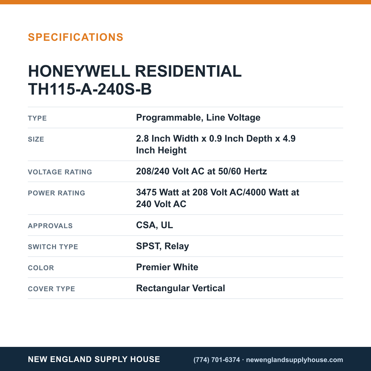 Resideo - Honeywell Home TH115-A-240S-B Thermostat specifications — New England Supply House [NESH-SPECTABLE-V1]