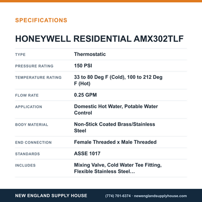 Resideo - Honeywell Home AMX302TLF Thermostatic Mixing Valve Kit specifications — New England Supply House [NESH-SPECTABLE-V1]
